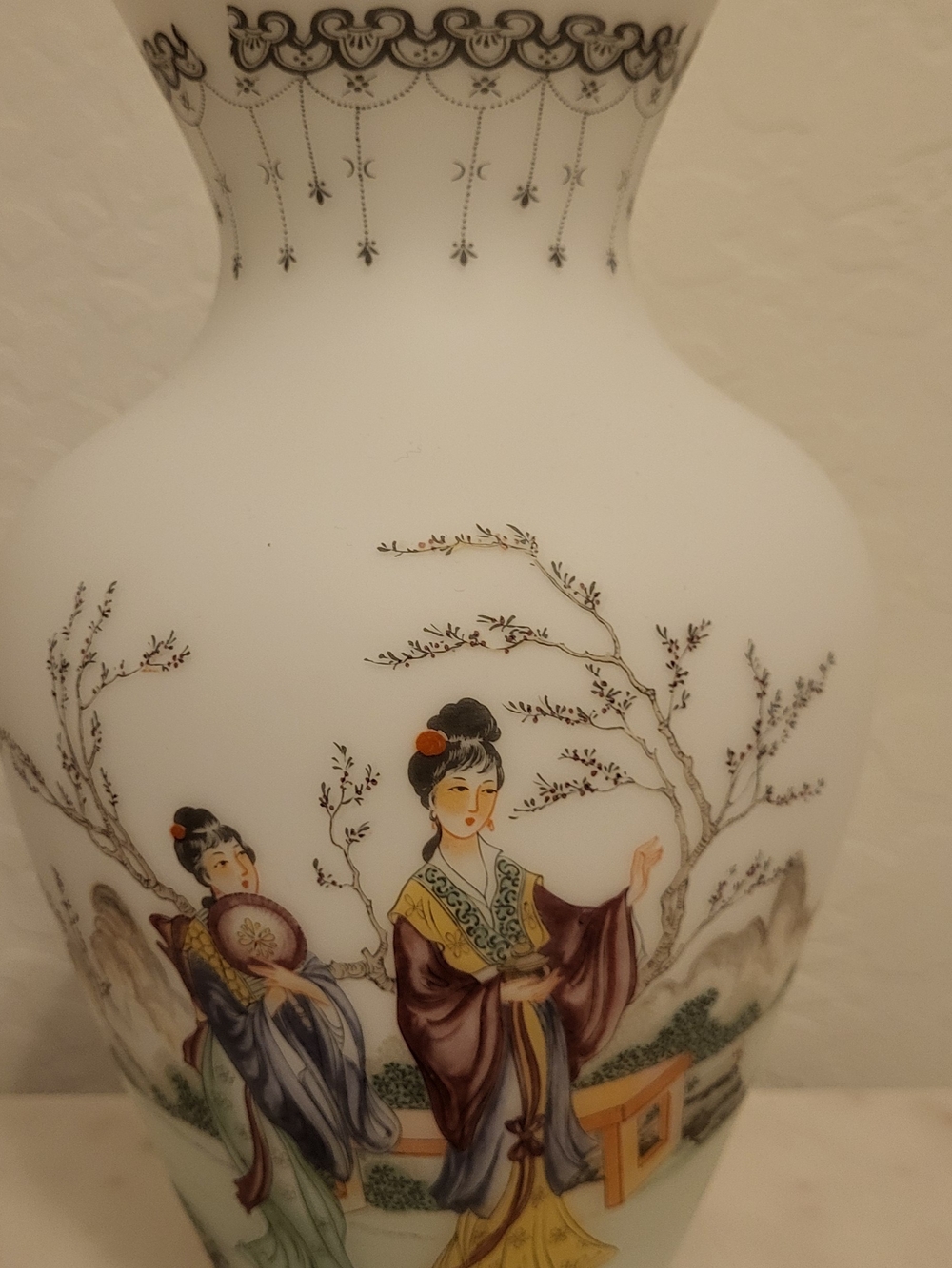 Vintage Frosted Opalescent Glass, Hand Painted Vase